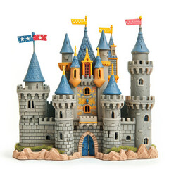 Fototapeta premium A toy castle with turrets and flags, isolated on white background.