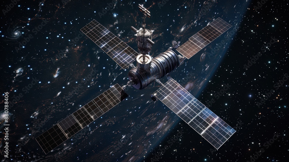 Poster cutting-edge communication satellite in synchronous orbit enhancing global connectivity