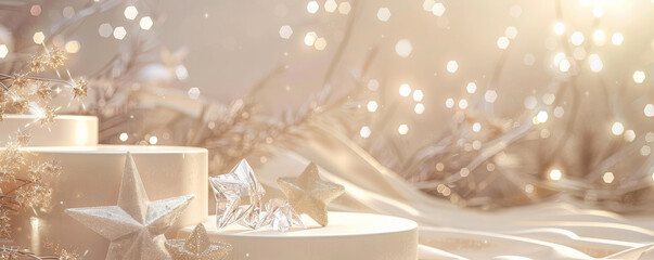 A serene cream display podium adorned with shiny crystal stars. The stars' sparkling reflections create a pure and elegant atmosphere, complementing the soft cream color.