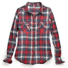 A casual plaid women's shirt with long sleeves and a button-down front, isolated on white background.