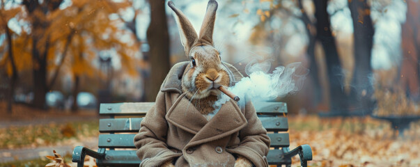 A quirky rabbit in a detective coat, sitting on a bench and smoking a cigar. The rabbit's serious pose and the city park background create a playful vibe.