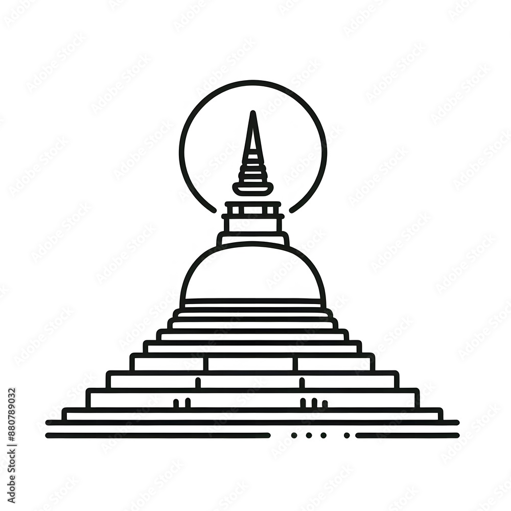 Fototapete AI Generate of Simple design of One Line Icon Depicting of Buddha's Stupa, Isolated in White