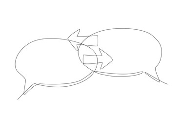 Continuous one line drawing of speech bubbles with arrows in opposite directions, exchange of opinions concept, single line art.

