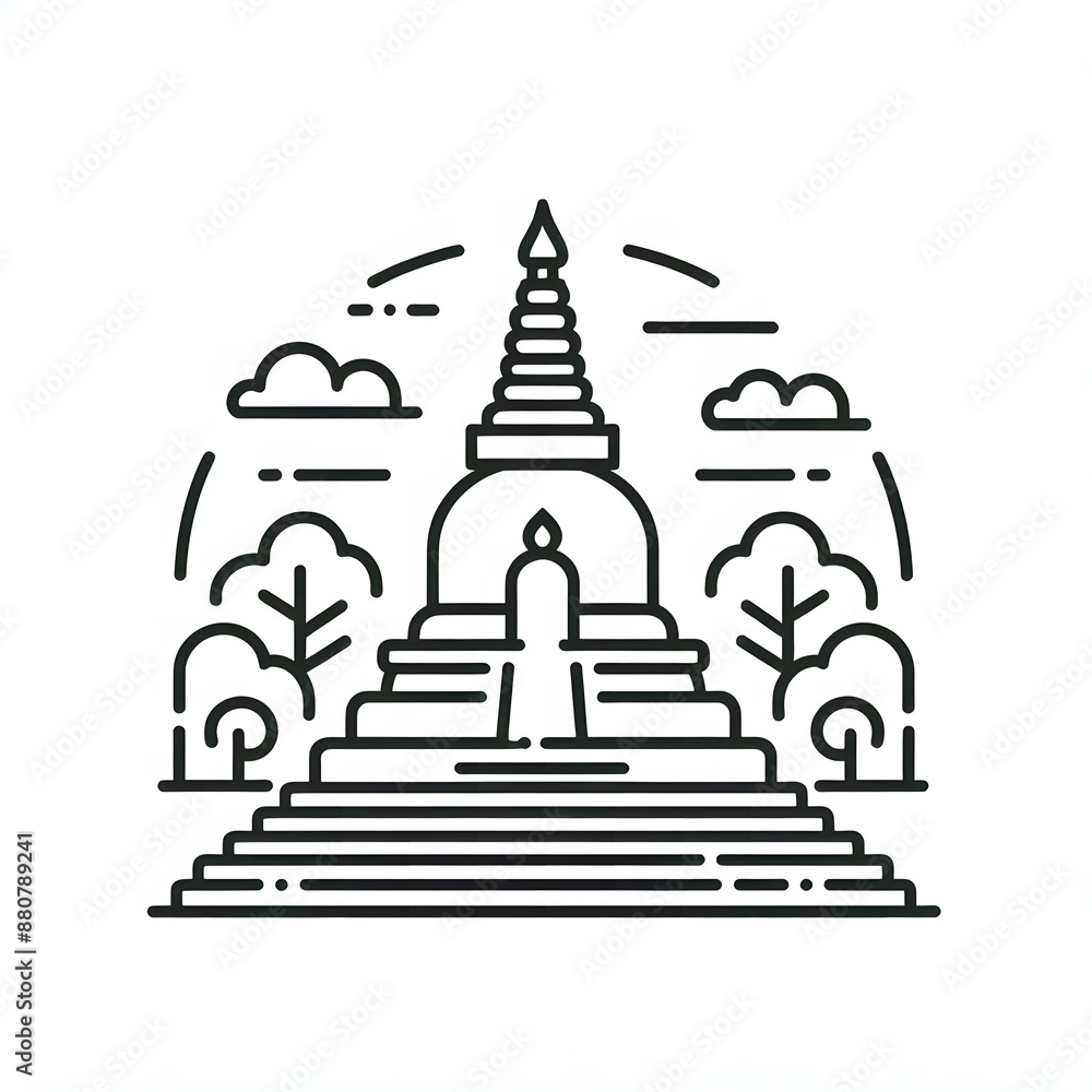 Fototapete AI Generate of Simple design of One Line Icon Depicting of Buddha's Stupa, Isolated in White