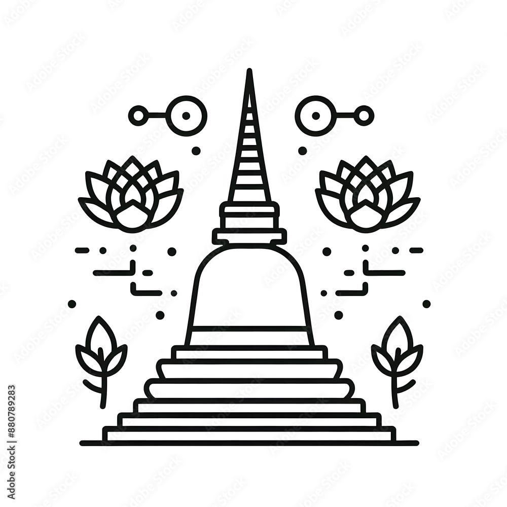 Fototapete ai generate of simple design of one line icon depicting of buddha's stupa, isolated in white