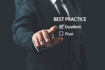 Businessman pressing Best Practice, Business, Technology, Internet and network concept. Best practice.Best practice concept. Manager (businessman, coach, leadership) plan to apply best practice method