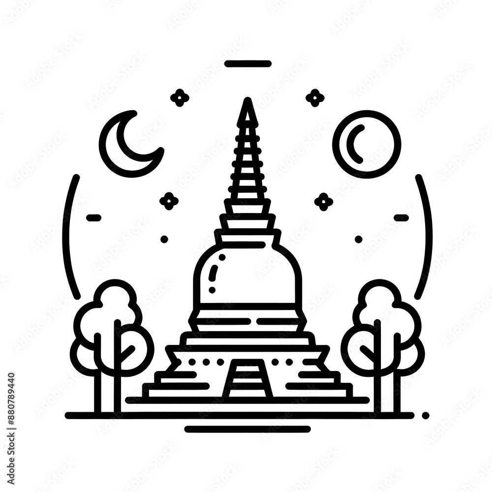 Poster ai generate of simple design of one line icon depicting of buddha's stupa, isolated in white