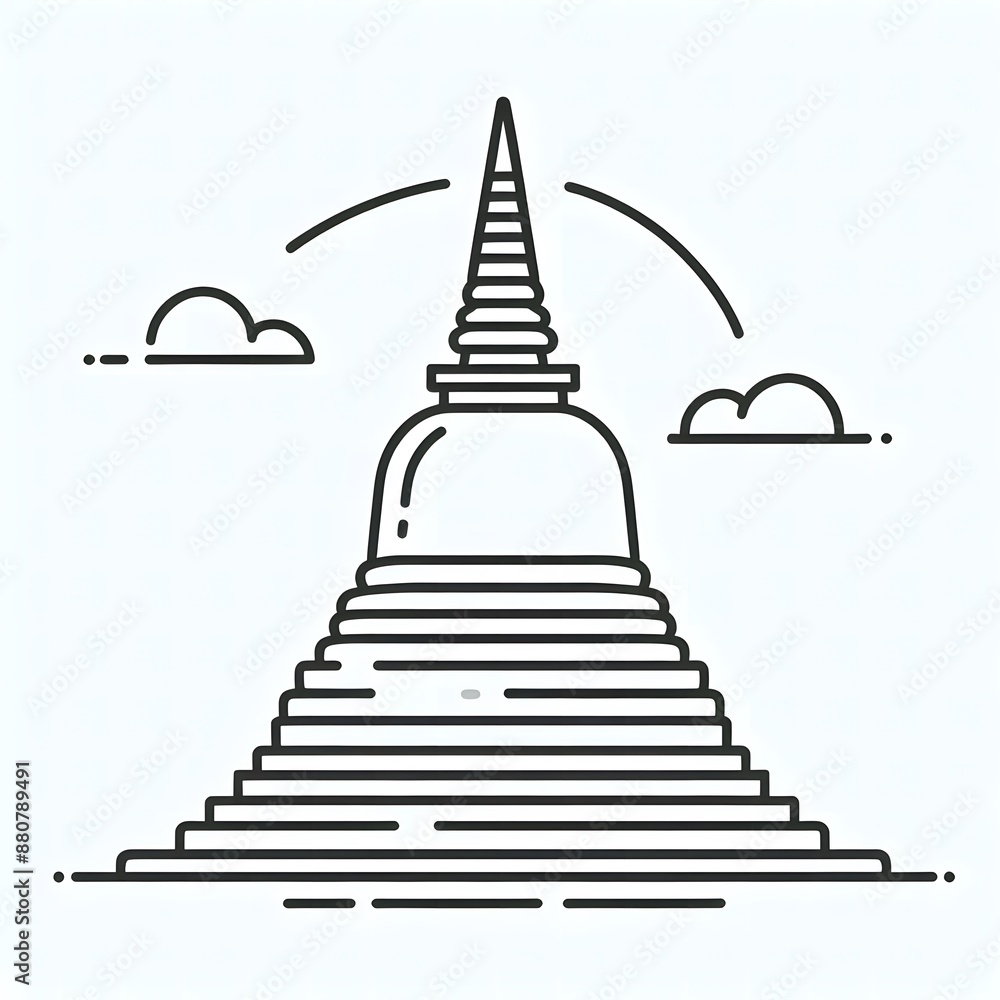 Poster ai generate of simple design of one line icon depicting of buddha's stupa, isolated in white
