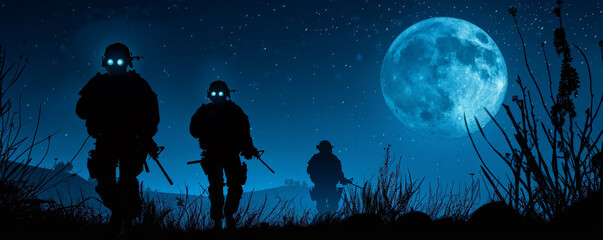 A banner featuring soldiers with night vision goggles on patrol, their silhouettes highlighted against a dark, moonlit backdrop, capturing the essence of vigilance.