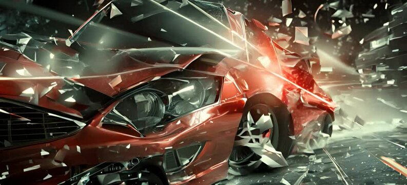 An intense image capturing the moment of a high-speed car crash, with shattered glass and debris flying through the air. The powerful visual impact and dynamic energy make this image a striking repres