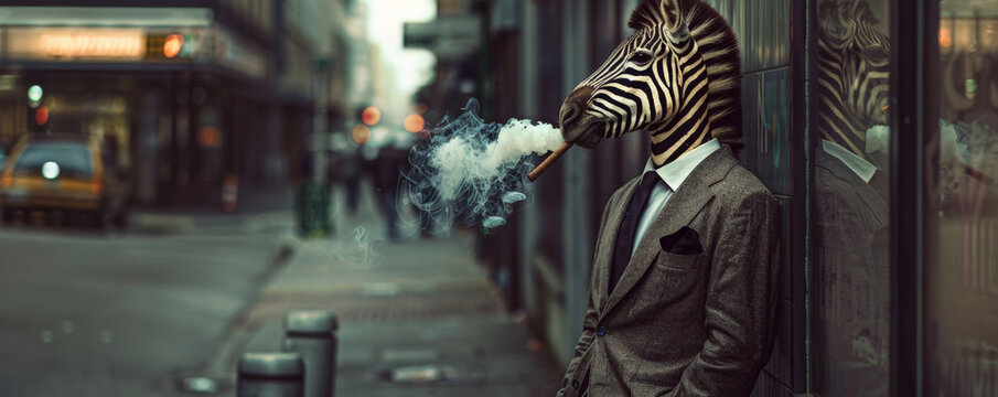 A funny zebra in a suit, leaning against a building and smoking a cigar. The zebra's formal look and the city street setting create a humorous contrast.