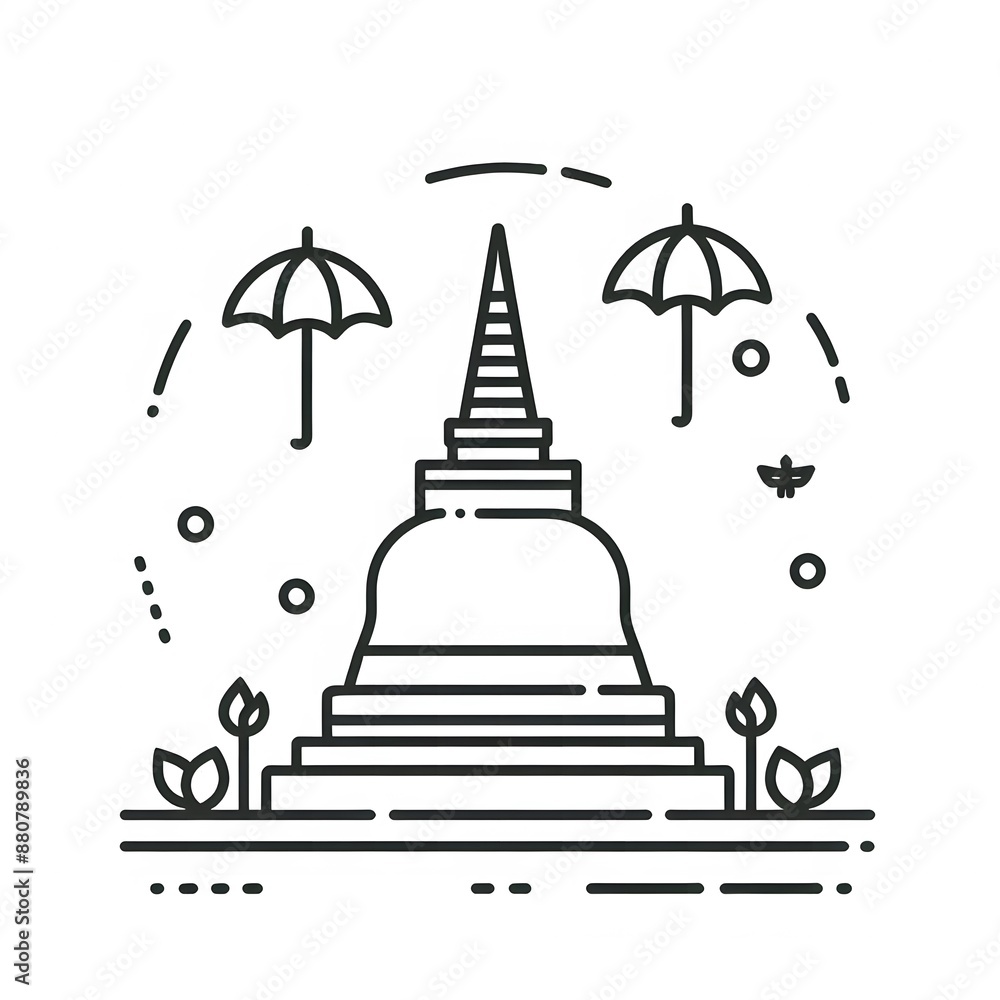 Poster ai generate of simple design of one line icon depicting of buddha's stupa, isolated in white