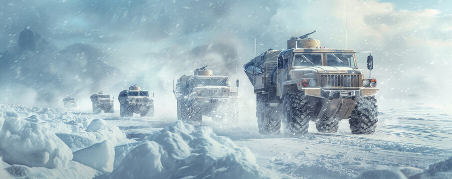 A banner showing a convoy of military vehicles moving through a snowy landscape, equipped with gear for cold-weather operations, symbolizing adaptability.