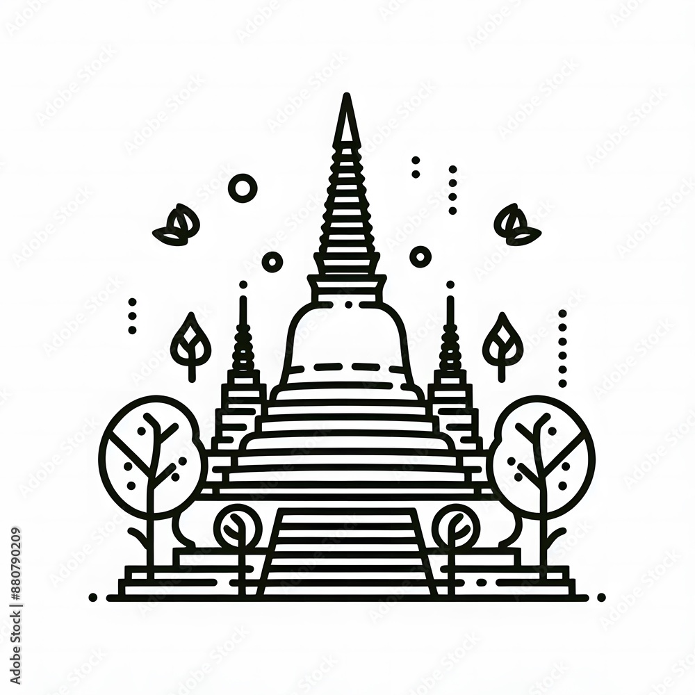 Fototapete AI Generate of Simple design of One Line Icon Depicting of Buddha's Stupa, Isolated in White