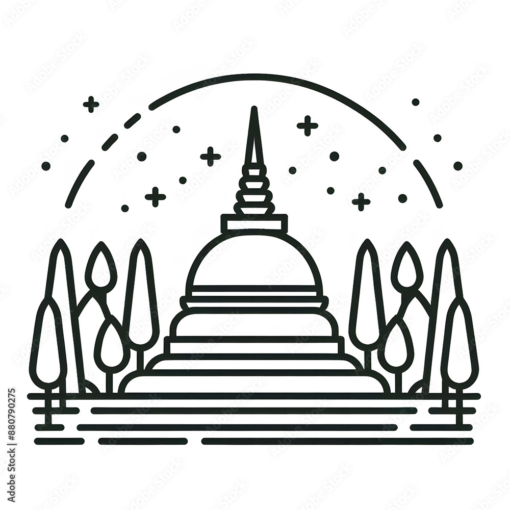 Fototapete ai generate of simple design of one line icon depicting of buddha's stupa, isolated in white