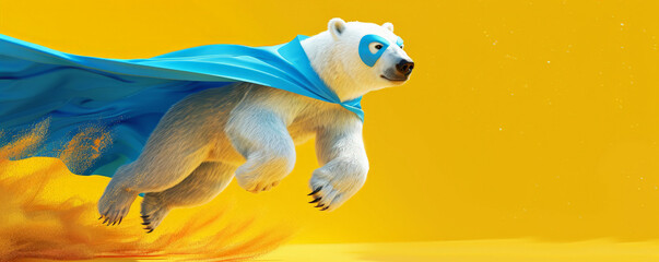 A superhero polar bear in a blue cape and mask, flying mightily on a yellow background. The bear's strong pose and the bright colors enhance the heroic feel.