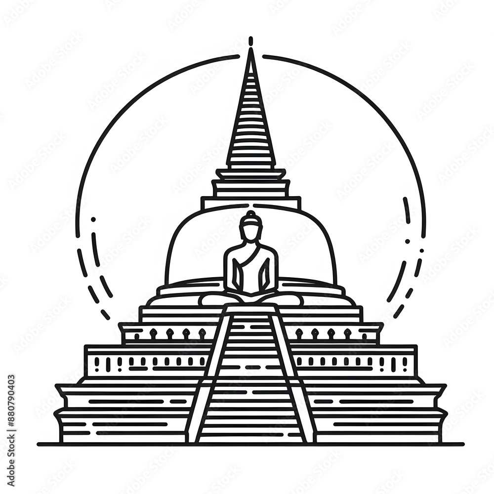 Poster ai generate of simple design of one line icon depicting of buddha's stupa, isolated in white