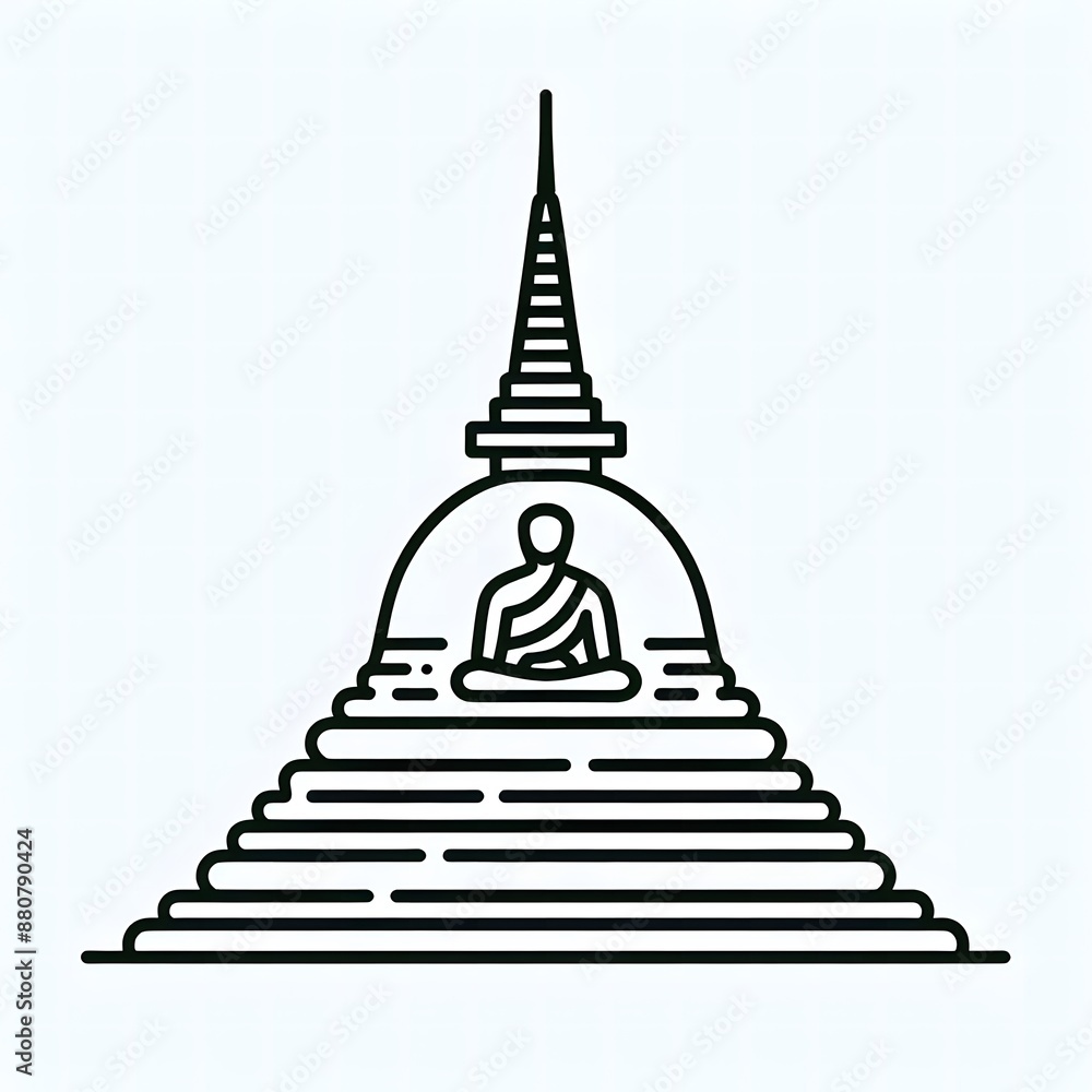 Fototapete AI Generate of Simple design of One Line Icon Depicting of Buddha's Stupa, Isolated in White
