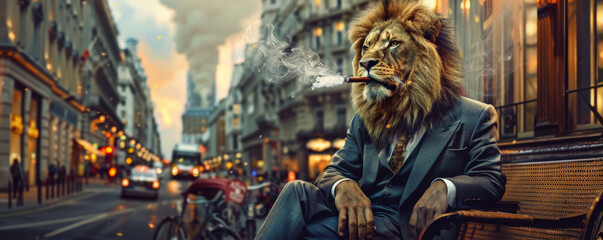 A funny lion in a suit, sitting on a bench and smoking a cigar on a bustling street. The lion's regal pose and the city backdrop create a humorous contrast.
