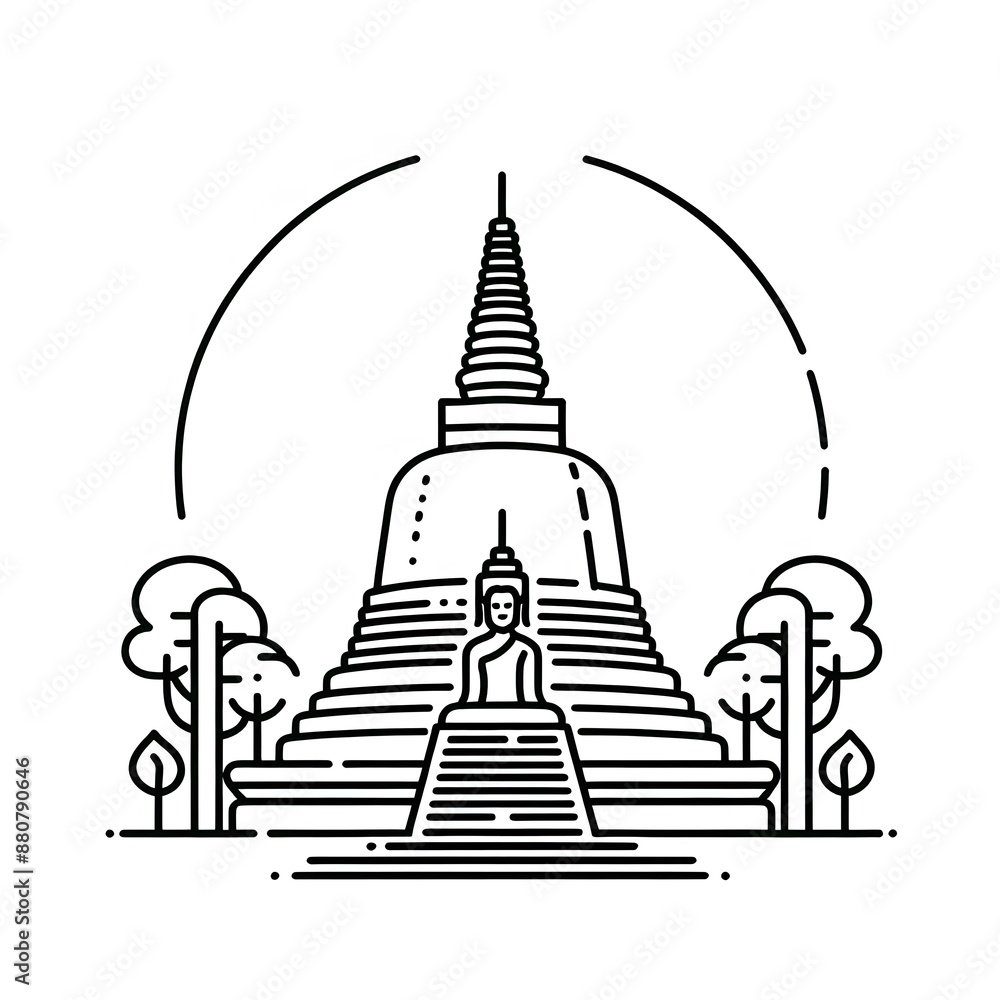 Poster ai generate of simple design of one line icon depicting of buddha's stupa, isolated in white