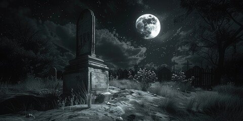 A cemetery scene with a full moon shining down, great for nighttime or Halloween-themed projects