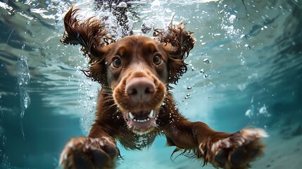 Playful Irish Setter Diving with Comical Expression in Cheerful Environment
