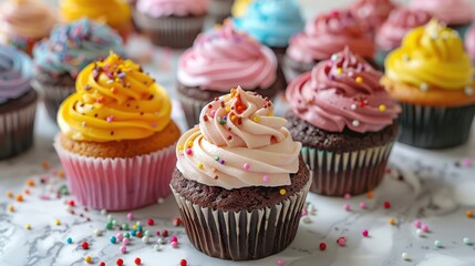 A row of colorful cupcakes with sprinkles on top