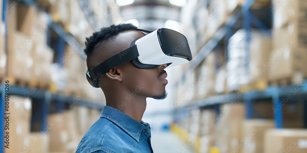 Poster warehouse worker uses vr glasses to optimize package picking for efficient delivery. concept warehou