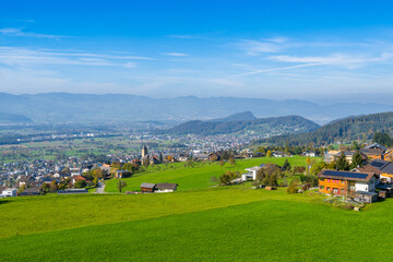Fototapeta premium Village of Batschuns in the Rhein Valley, State of Vorarlberg, Austria, Drone Photography