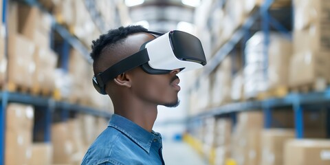 Warehouse worker uses VR glasses to optimize package picking for efficient delivery. Concept Warehouse Operations, Virtual Reality Technology, Package Picking, Efficient Delivery