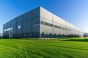 Obraz premium Modern warehouse facade on a sunny day, distribution center. Industrial Building of modern logistics hub. Loading dock. Large Business Entrance. Innovative logistic complex exterior. Cargo storage