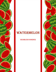 watermelon seamless border, vertical stripe with lots of ripe juicy watermelons. vector illustration, banner with whole sweet fruits and pieces in cartoon style