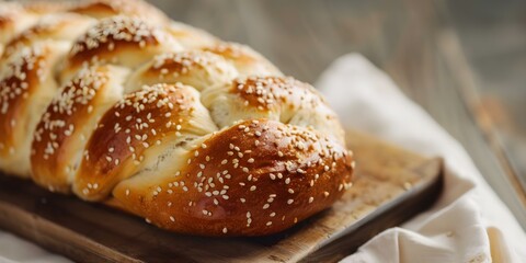 Challah Bread Loaf with Sesame Seeds on Wooden Board A Jewish Shabbat Tradition. Concept Cultural Traditions, Food Photography, Jewish Heritage, Shabbat Rituals