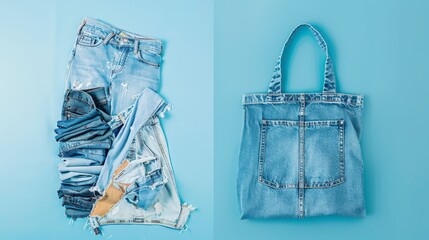 Denim jeans and a tote bag on a light blue background