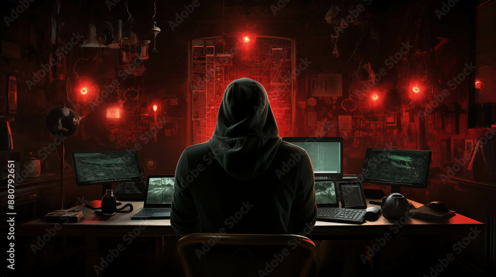 Poster hacker working on multiple computer screens in a dark room filled with high-tech equipment and red a