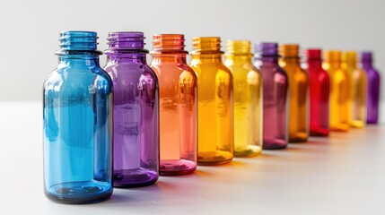 A row of colorful glass bottles lined up on a table