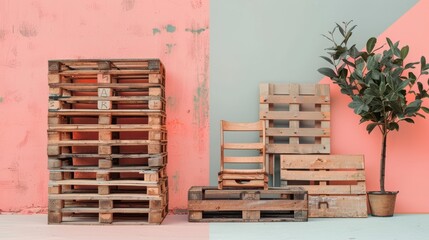 Wooden pallets stacked against a wall with a plant in a pot