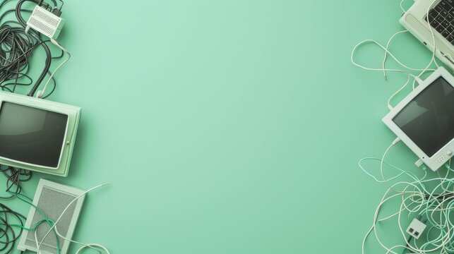 Vintage computer equipment and tangled wires on a mint green background