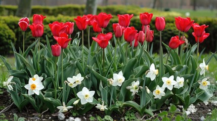 Fototapeta premium Red tulips and white daffodils in a flower bed