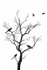 Fototapeta premium A black and white sketch of a tree with birds perched on its branches