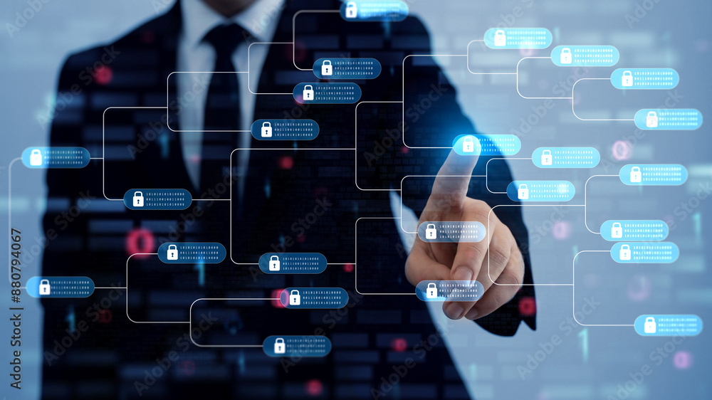 Poster blockchain financial with chain of encrypted blocks to secure datum, cryptocurrency and bitcoin for 