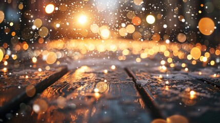A wooden table heavily covered in snow