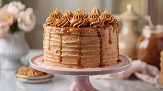 A chocolate cake with chocolate drizzle on top