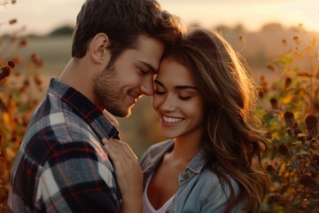 Obraz premium Couple Holding Each Other Close in Serene Sunset Field, Peaceful Love, Romantic Embrace, Togetherness, Happy Relationship, Intimate Moments, Partner, Couple Goals, Love Story, Golden Hour, Nature