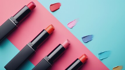 Variety of lipsticks on colorful surface arranged flat