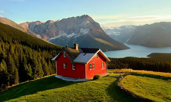 Typical norwegian red wooden house near famous Aurlandsvegen (Bjorgavegen) mountain road in Aurland, Norway in summer time.
