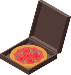 Classic pizza with tomatoes, olives and herbs in a cardboard box, ready for delivery