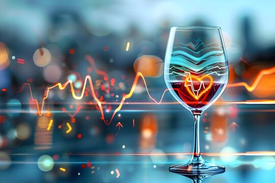 Digital Heart Monitor Visualization Inside a Vibrant Wine Glass