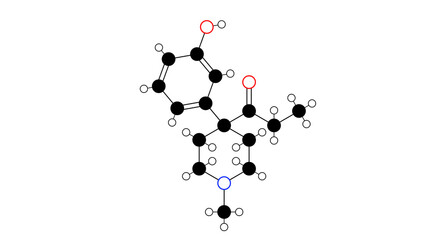 ketobemidone molecule, structural chemical formula, ball-and-stick model, isolated image synthetic opioid