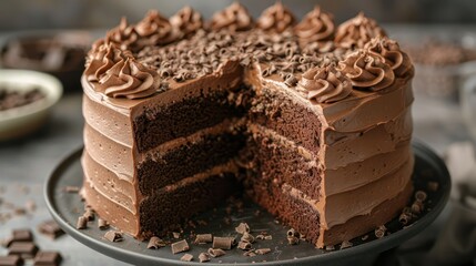 A slice of chocolate cake with chocolate frosting and chocolate sprinkles on top
